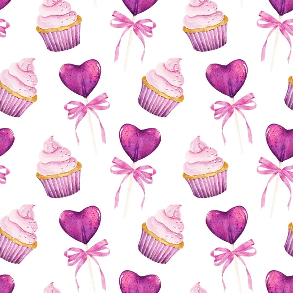 Seamless Pattern Watercolor Cupcake Lollipop Isolated White Background Hand Drawn — Stockfoto