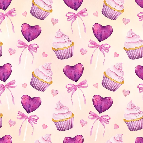 Seamless Pattern Watercolor Cupcake Lollipop Light Pink Background Hand Drawn — Stockfoto
