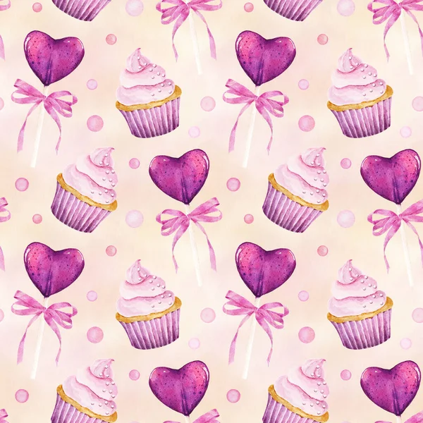 Seamless Pattern Watercolor Cupcake Lollipop Light Pink Background Hand Drawn — Stockfoto