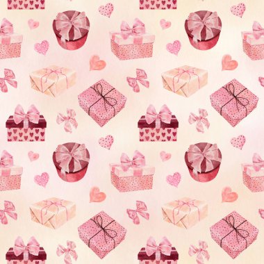 Açık pembe arka planda hediye kutuları, yaylar ve kalplerle suluboya desenleri. Sevgililer Günü konsepti. El çizimi suluboya çizimi. 