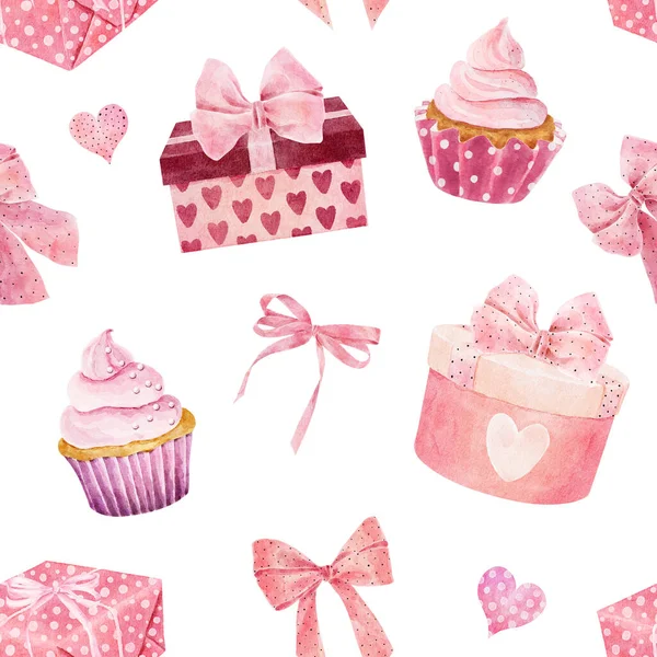 Watercolor Seamless Pattern Gift Boxes Bows Hearts Isolated White Background — Stockfoto