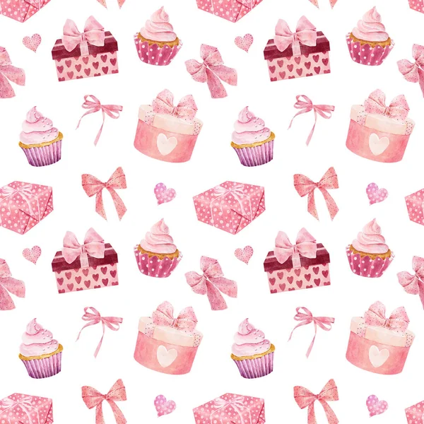 Watercolor Seamless Pattern Gift Boxes Cupcake Bows Hearts Isolated White — Stockfoto