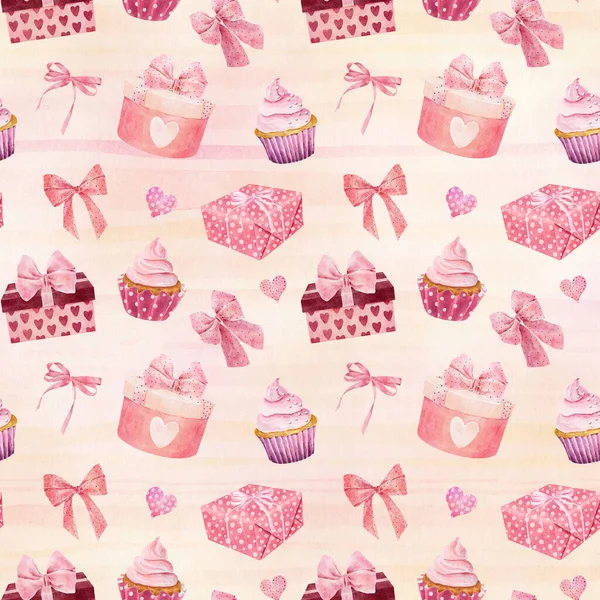 Watercolor Seamless Pattern Gift Boxes Cupcake Bows Hearts Pink Striped — Stockfoto