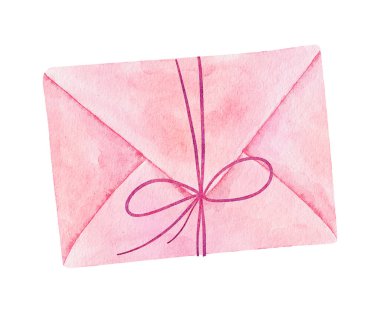 Beyaz arka planda izole edilmiş kurdeleyle bağlanmış suluboya zarf. Sevgililer Günü kartı, davetiye ve diğer tasarımlar için kullanılabilir. El çizimi suluboya çizimi.