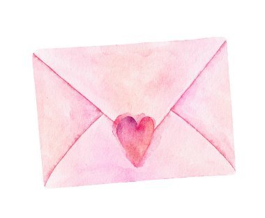 Beyaz arka planda izole edilmiş suluboya pembe zarf. Sevgililer Günü kartı, davetiye ve diğer tasarımlar için kullanılabilir. El çizimi suluboya çizimi.