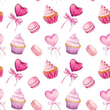 Kek, badem kurabiyesi ve beyaz arka planda izole edilmiş lolipop içeren sulu boya desenleri. Paket kağıdı, tekstil, duvar kağıdı, kart ve tatlı fırın menüsü için kullanılabilir. 