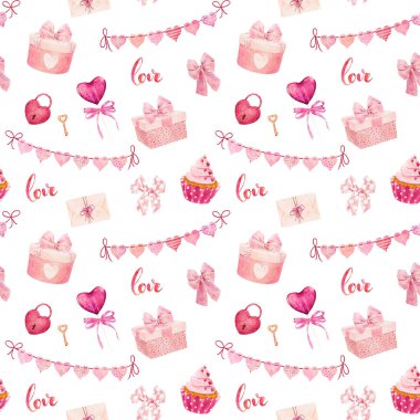 Beyaz arka planda izole edilmiş suluboya desenli hediye kutuları, yaylar, tatlılar ve kalpler. Sevgililer Günü konsepti. El çizimi suluboya çizimi.