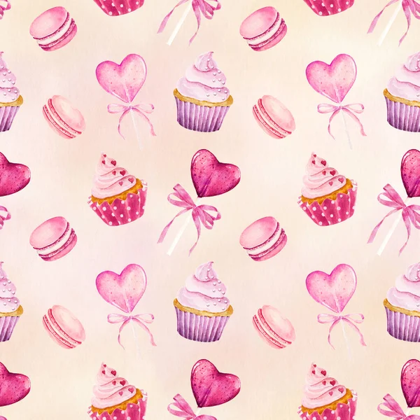 Watercolor Seamless Pattern Cupcake Macaroon Lollipop Light Pink Background Can — Stockfoto
