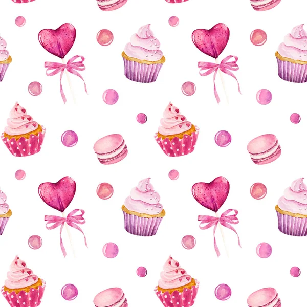 Watercolor Seamless Pattern Cupcake Macaroon Lollipop Isolated White Background Can — Stockfoto