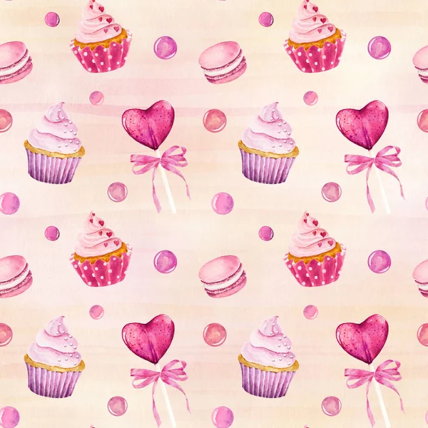 Watercolor Seamless Pattern Cupcake Macaroon Lollipop Light Pink Striped Background — Stockfoto