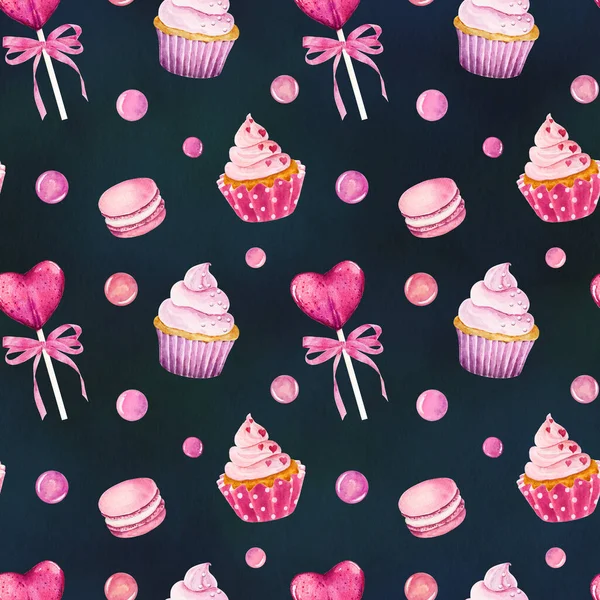 Watercolor Seamless Pattern Cupcake Macaroon Lollipop Dark Background Can Used — Stockfoto