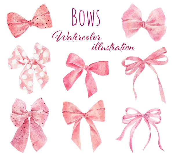 Set Watercolor Pink Bows Isolated White Background Hand Painted Watercolor — Stock Photo, Image