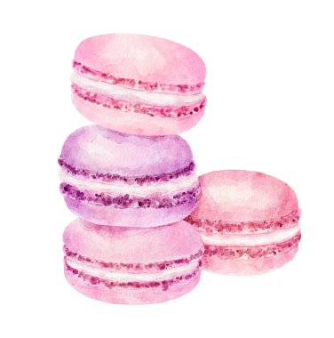 Beyaz arka planda izole edilmiş suluboya badem kurabiyeleri pembe renk. El çizimi suluboya çizimi.