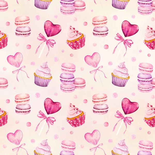 Watercolor Seamless Pattern Cupcake Macaroon Lollipop Light Pink Background Can — 图库照片