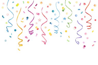 Set of watercolor colorful serpentine and confetti isolated on white background. Holiday design elements. Hand painted watercolor ribbons set.