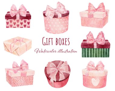 Set of watercolor gift boxes isolated on white background. Hand painted watercolor illustration.