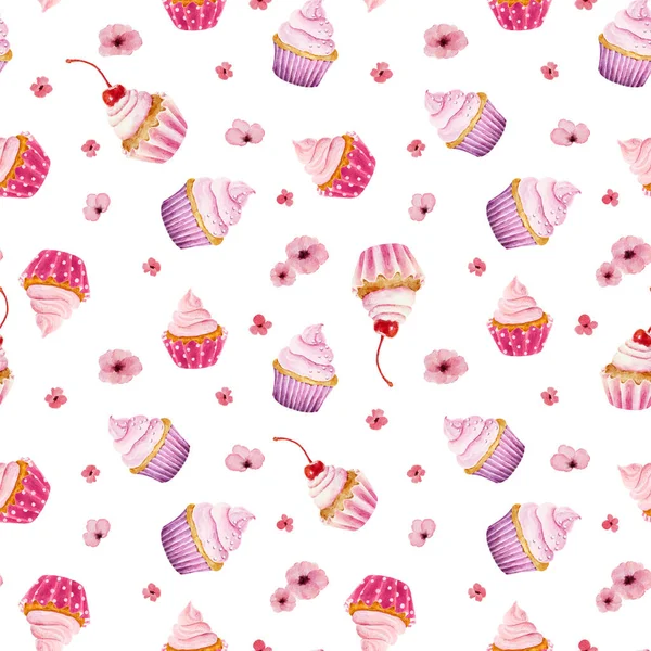 Watercolor Seamless Pattern Cupcakes Flowers Isolated White Background Valentine Day — 图库照片