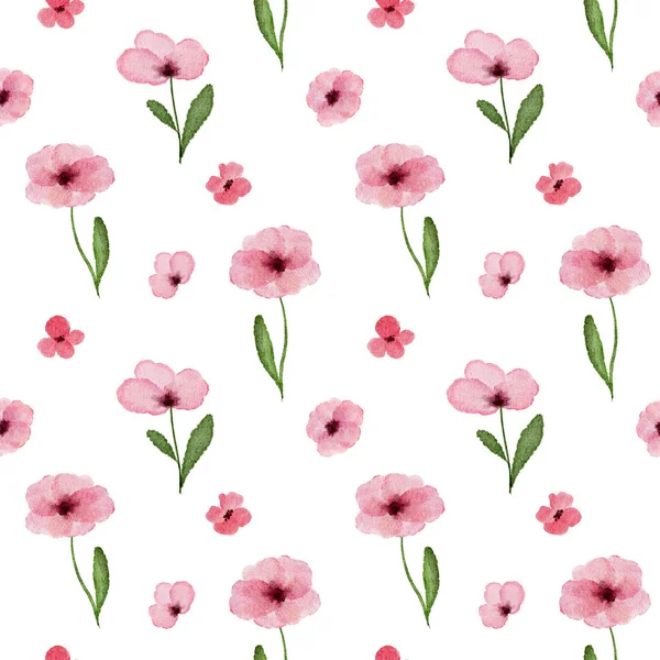 Seamless Pattern Watercolor Wild Small Pink Flowers Isolated White Background — Stock Fotó