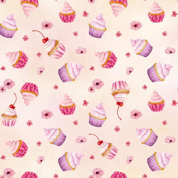 Watercolor Seamless Pattern Cupcakes Flowers Light Pink Background Valentine Day — 图库照片