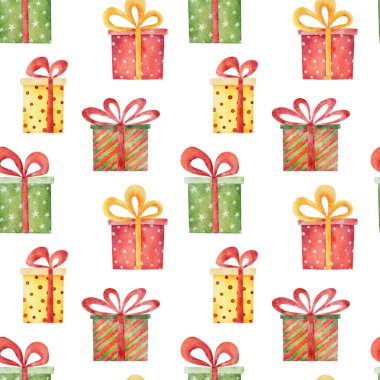 Beyaz arka planda izole edilmiş mevcut kutularla suluboya noel desenleri kusursuz. Suluboya el çizimi çizimi.