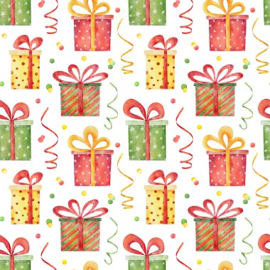 Beyaz arka planda izole edilmiş mevcut kutularla suluboya noel desenleri kusursuz. Suluboya el çizimi çizimi.