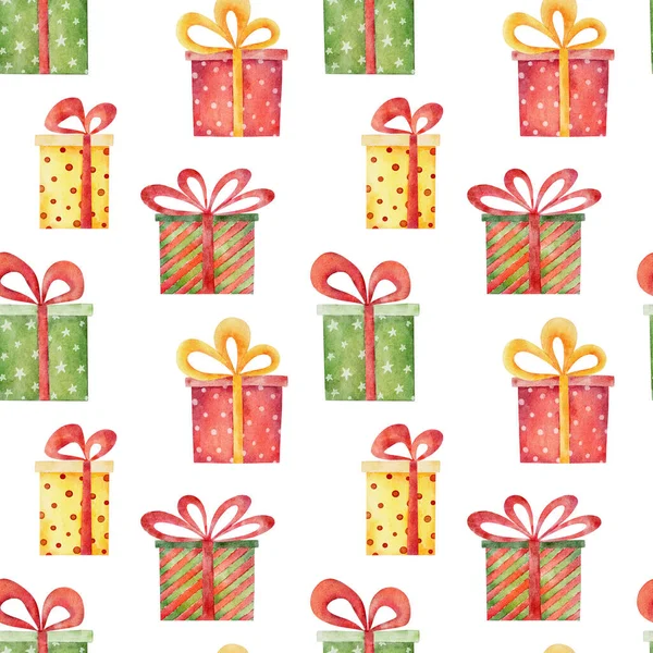 Beyaz arka planda izole edilmiş mevcut kutularla suluboya noel desenleri kusursuz. Suluboya el çizimi çizimi.