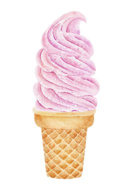 Beyaz arka planda izole edilmiş waffle kabında suluboya dondurma. El çizimi suluboya çizimi.