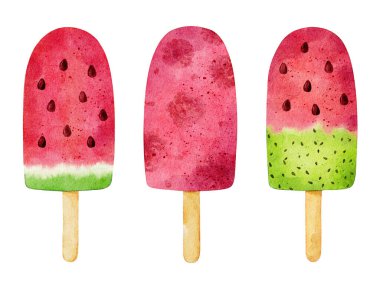 Beyaz arka planda izole edilmiş suluboya meyveli dondurma seti. El çizimi suluboya çizimi.