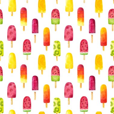 Beyaz arka planda izole edilmiş suluboya dondurmalı kusursuz desen. Tekstil, ambalaj kağıdı, tasarım menüsü, hurda kitap kağıdı, davetiyeler ve diğer şeyler için kullanılabilir. El çizimi suluboya çizimi.