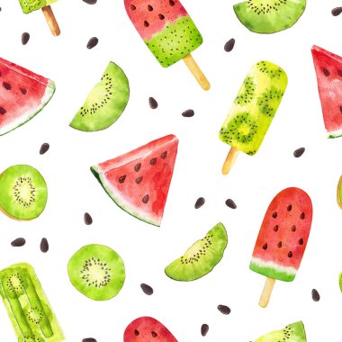 Beyaz zemin üzerinde suluboya karpuz ve kivi meyveli dondurma izole edilmiş kusursuz desen. Tekstil, ambalaj kağıdı, tasarım menüsü, hurda kitap kağıdı, davetiyeler ve diğer şeyler için kullanılabilir. El çizimi suluboya çizimi.