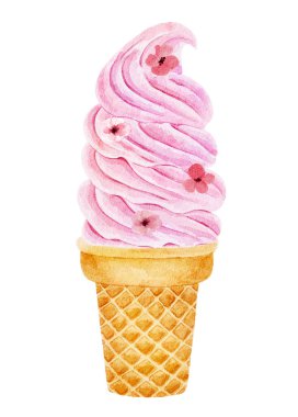 Beyaz arka planda izole edilmiş waffle kabında süslü çiçekli suluboya dondurma. El çizimi suluboya çizimi.