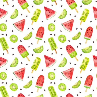 Beyaz zemin üzerinde suluboya karpuz ve kivi meyveli dondurma izole edilmiş kusursuz desen. Tekstil, ambalaj kağıdı, tasarım menüsü, hurda kitap kağıdı, davetiyeler ve diğer şeyler için kullanılabilir. El çizimi suluboya çizimi.