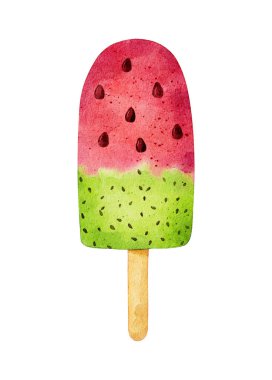 Suluboya karpuz ve beyaz arka planda izole edilmiş kivi buzlu dondurma. El çizimi suluboya çizimi.