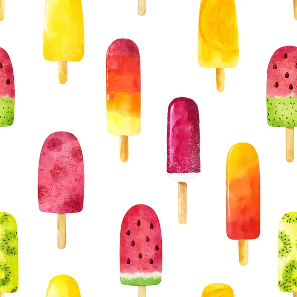 Beyaz arka planda izole edilmiş suluboya dondurmalı kusursuz desen. Tekstil, ambalaj kağıdı, tasarım menüsü, hurda kitap kağıdı, davetiyeler ve diğer şeyler için kullanılabilir. El çizimi suluboya çizimi.