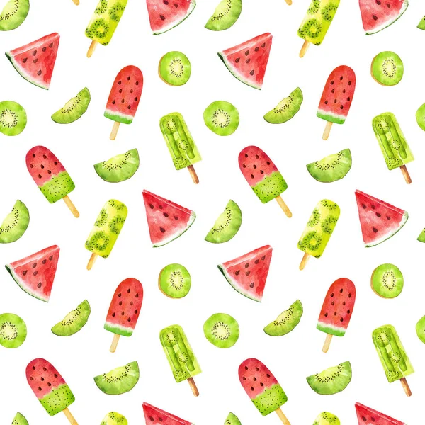 Beyaz zemin üzerinde suluboya karpuz ve kivi meyveli dondurma izole edilmiş kusursuz desen. Tekstil, ambalaj kağıdı, tasarım menüsü, hurda kitap kağıdı, davetiyeler ve diğer şeyler için kullanılabilir. El çizimi suluboya çizimi.