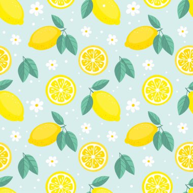 Meyveli limonlu, dikişsiz şablon. Tropik meyve yaz arkaplanı. Baskı, kumaş, tekstil, ambalaj kağıdı vs. için kullanılabilir.