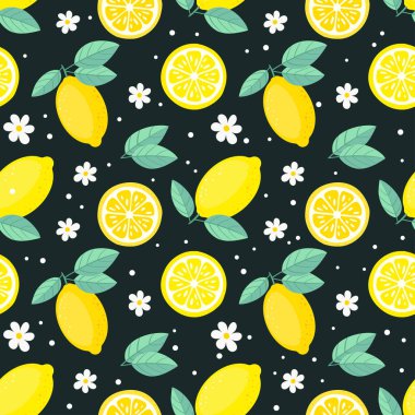 Meyveli limonlu, dikişsiz şablon. Tropik meyve yaz arkaplanı.  