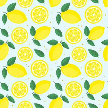 Meyveli limonlu, dikişsiz şablon. Tropik meyve yaz arkaplanı. Baskı, kumaş, tekstil, ambalaj kağıdı vs. için kullanılabilir.