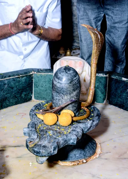 Shiva Linga 조각상의 힌두교 신시바의 인디아의 Hindu 사원에서 푸자를 공연하거나 — 스톡 사진