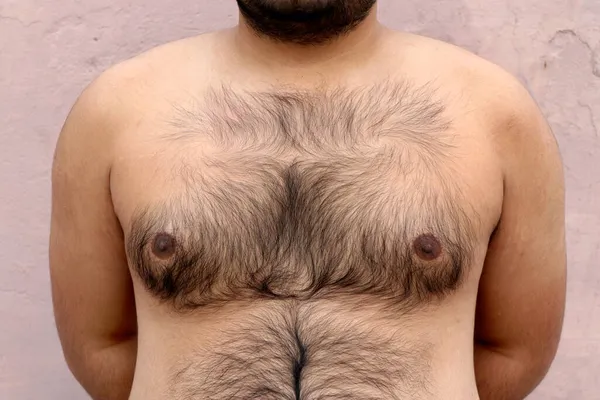 Asiatico Grasso Ragazzo Con Nudo Peloso Petto Foto Stock