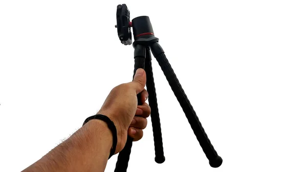 Man Holds Professional Mobile Tripod His Hands Shooting Photos Videos — 图库照片