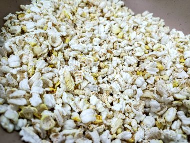 Patlamış pirinç yakın çekim Paddy tohumu pişirilmek üzere sıcakta kızartılmış