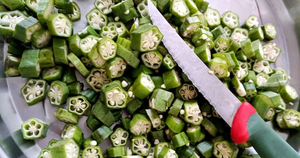 Fresh Raw Lady Finger Vegetable Cut Small Pieces Okra Okro — Fotografia de Stock