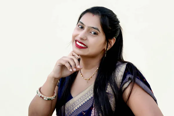 Portrait Indian Happy Woman Wearing Traditional Dress Sari White Background — Fotografia de Stock