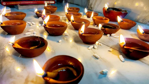 Closup Diya Lamp Fire Traditional Diwali Festival — Photo