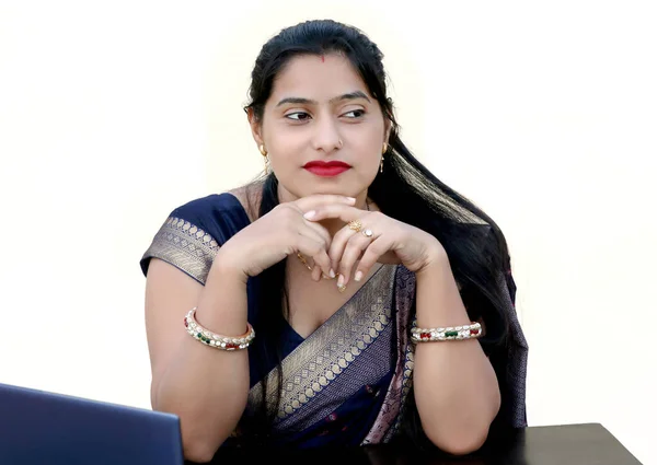 Young Traditional Indian Woman White Background — 图库照片