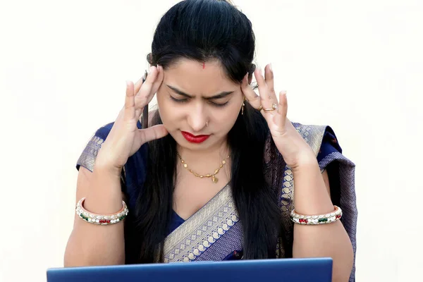 Indian Woman Working Laptop Having Headache — Fotografia de Stock