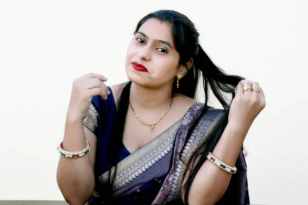 Indian Young Woman Hand Touching Her Wavy Long Hair Portrait — Stok Foto