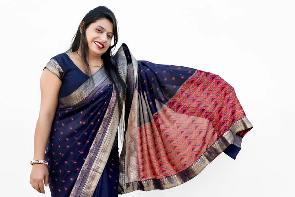 Beautiful Woman Wearing Indian Traditional Outfit White Background — Zdjęcie stockowe