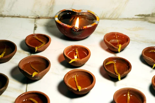 Traditional Clay Diya Lamps Lit Diwali Celebration — Photo